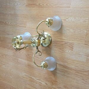 Vintage Gold Triple Arm Light Fixture with Glass Shades